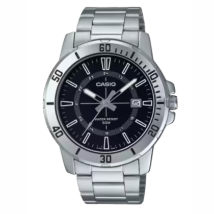  Casio General MTP-VD01D-1CV Silver Stainless Steel Strap with Black Dial Analog Men Watch 